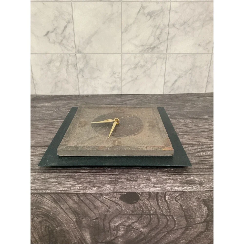 Rustic Slate,metal Clock W/ Green Border, Brownish Face,gold Brass Clock Hands